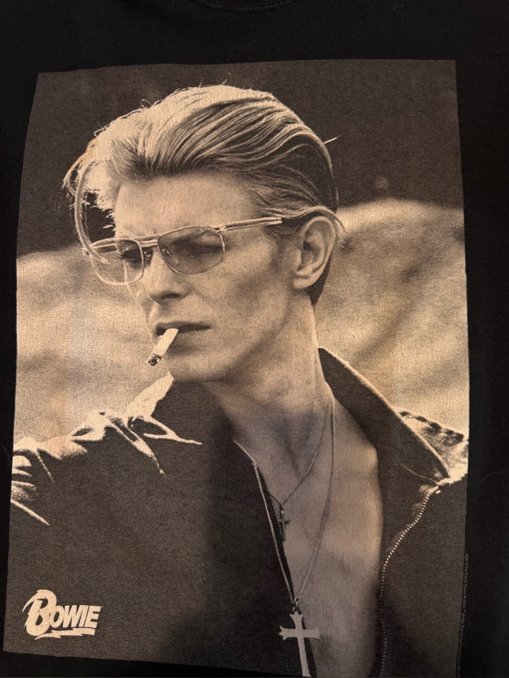 David Bowie T-shirt, large print  Gildan Tag black with grey white ink.